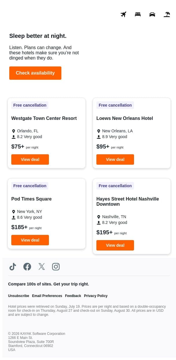 Rooms with room if plans change. email from Kayak screenshot