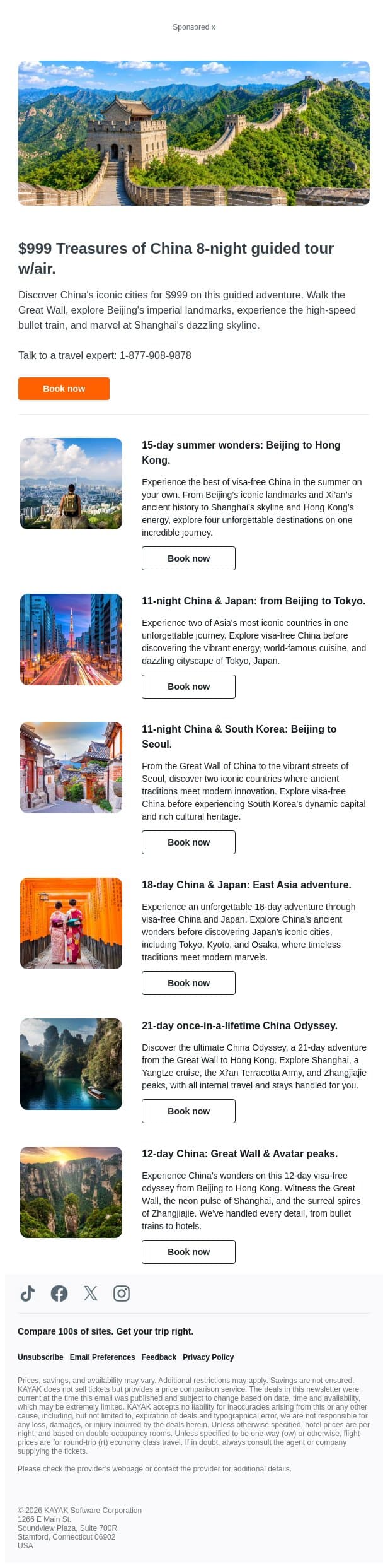 $999 Treasures of China 8-night guided tour w/air. email from Kayak screenshot
