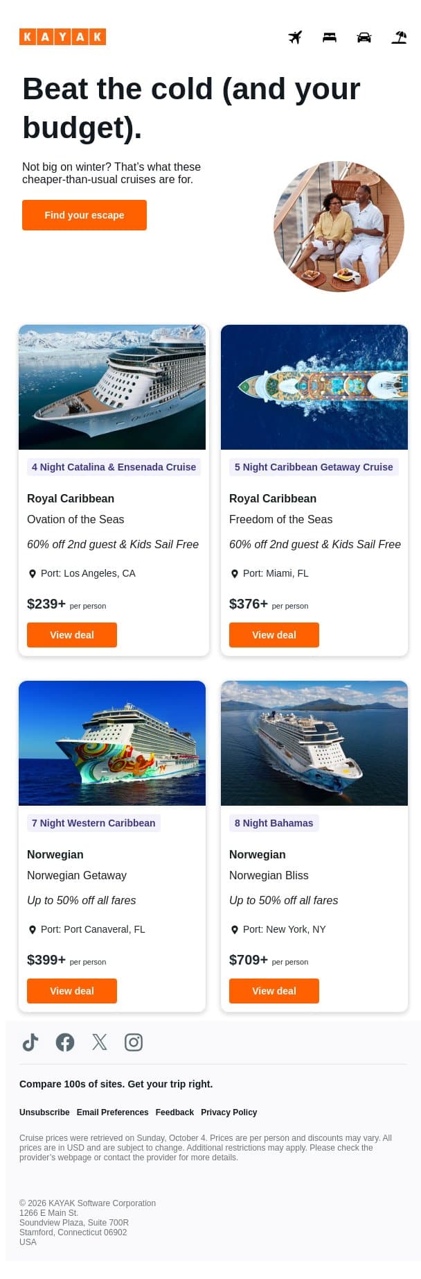 Winter cruises. Up to 60% off. 🚢☀️ email from Kayak screenshot