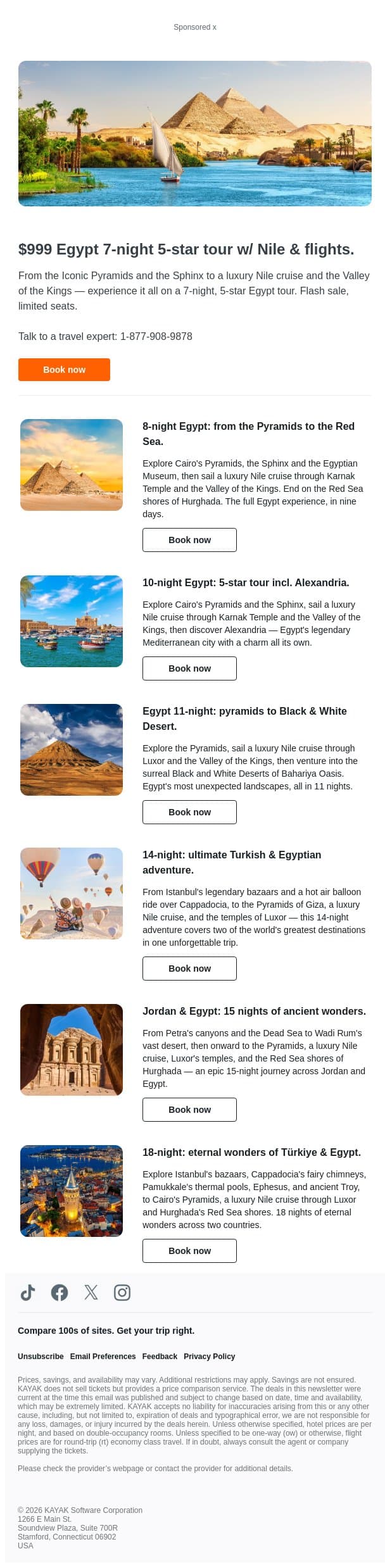 $999 Egypt 7-night 5-star tour w/ Nile & flights. email from Kayak screenshot