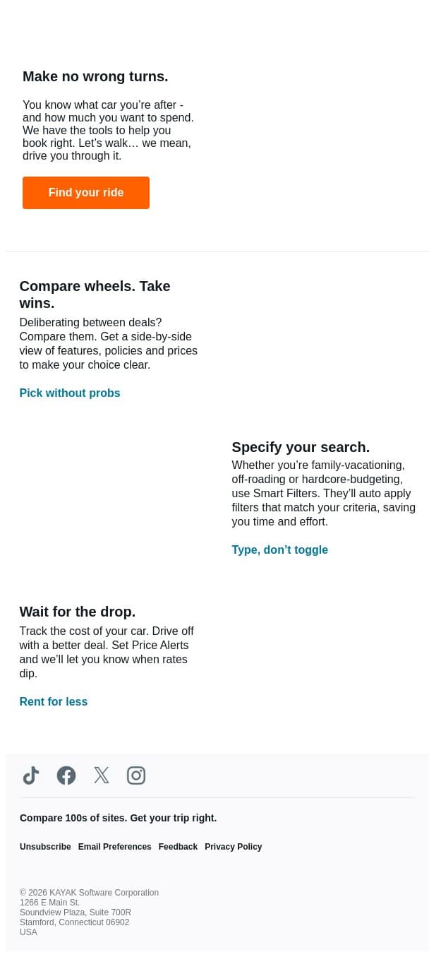 How to rent right (and save right). 🚘 email from Kayak screenshot