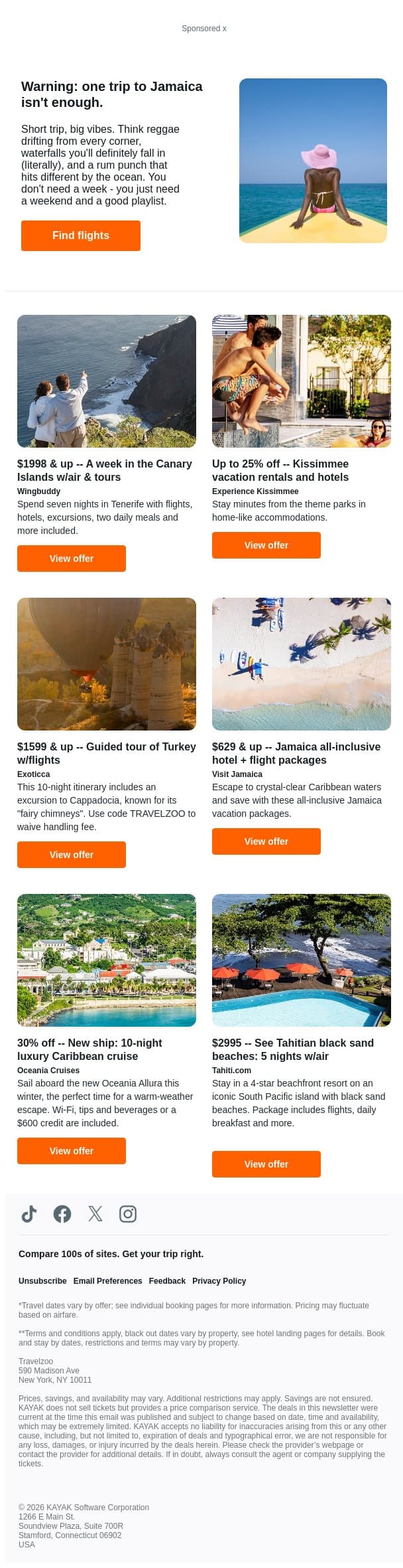 $1998 & up, Canary Islands: 7-night getaway w/flights & tours | Up to 25% off Kissimmee, FL vacation rentals & hotels. email from Kayak screenshot
