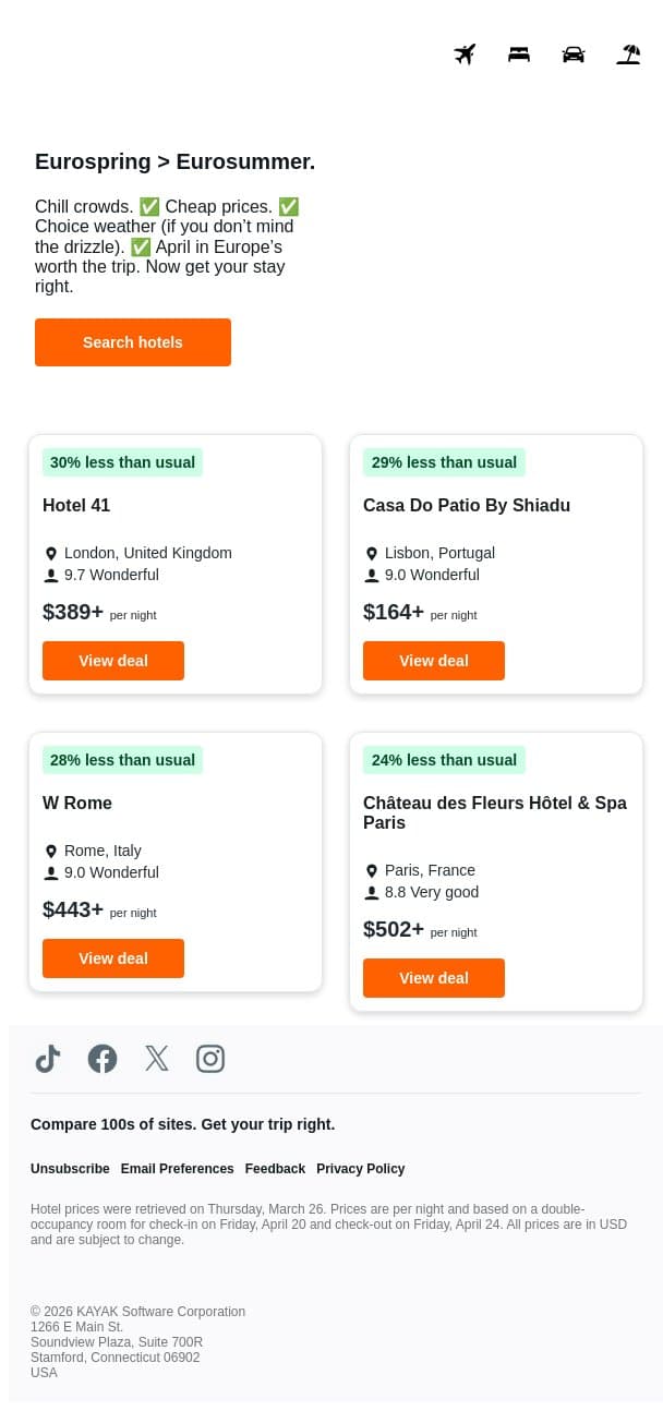 Book these European stays for up to 30% less. 🛏️ email from Kayak screenshot