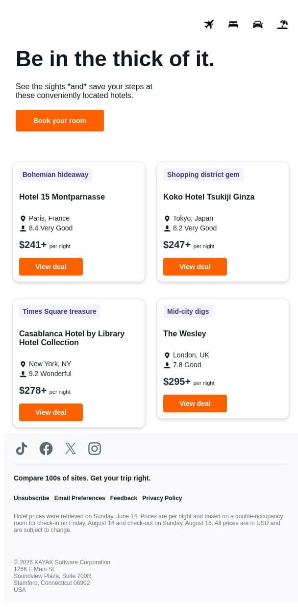 City-center stays. 🏙️ email from Kayak screenshot