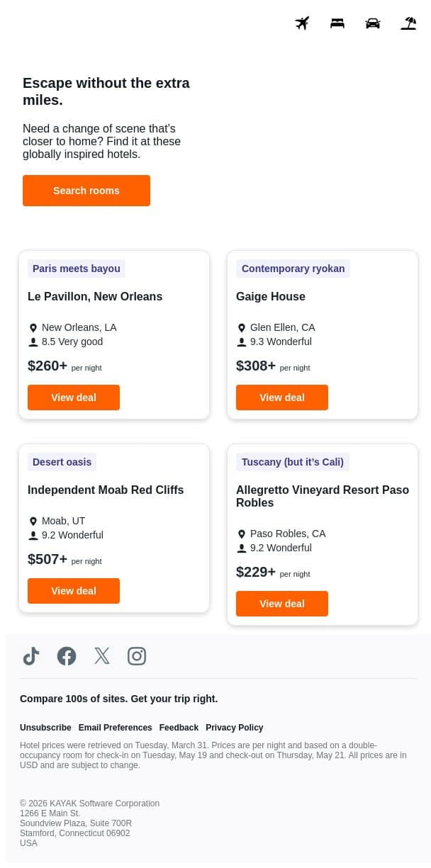 Local hotels. International vibes. 🙌 email from Kayak screenshot