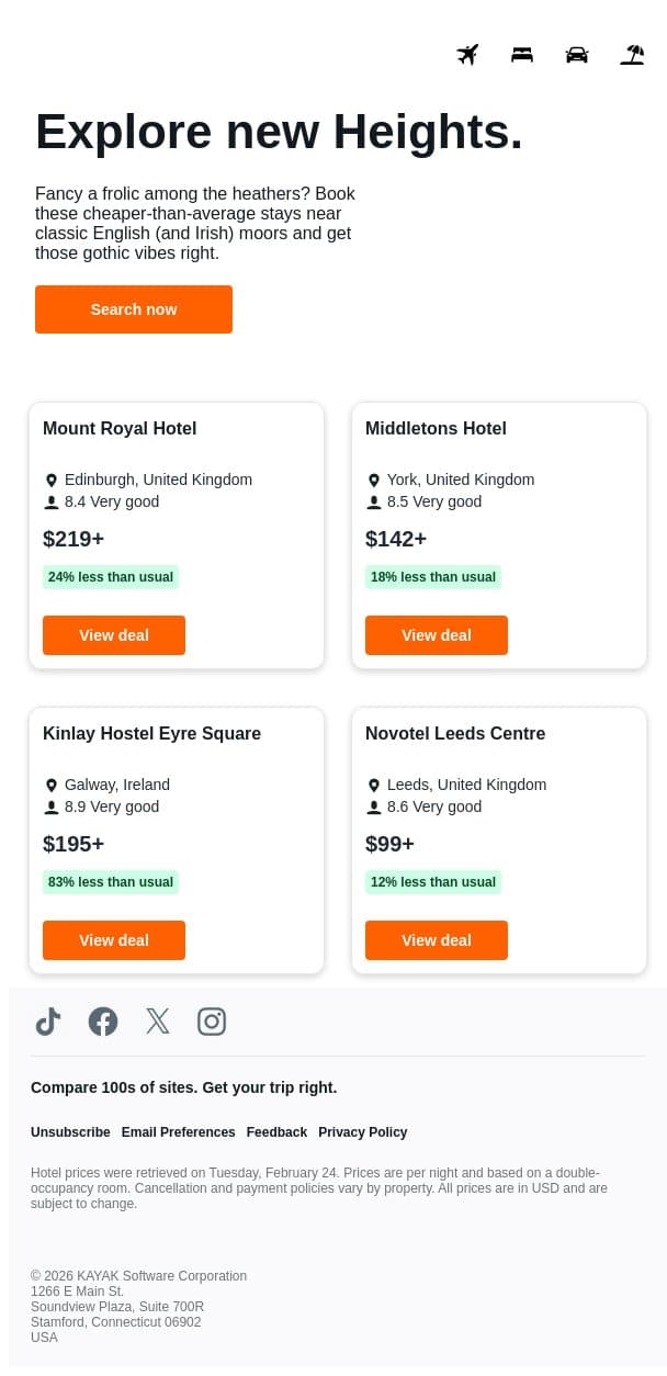 Windy moors and hotel deals. 🌫️🥀👰🏼‍♀️ email from Kayak screenshot