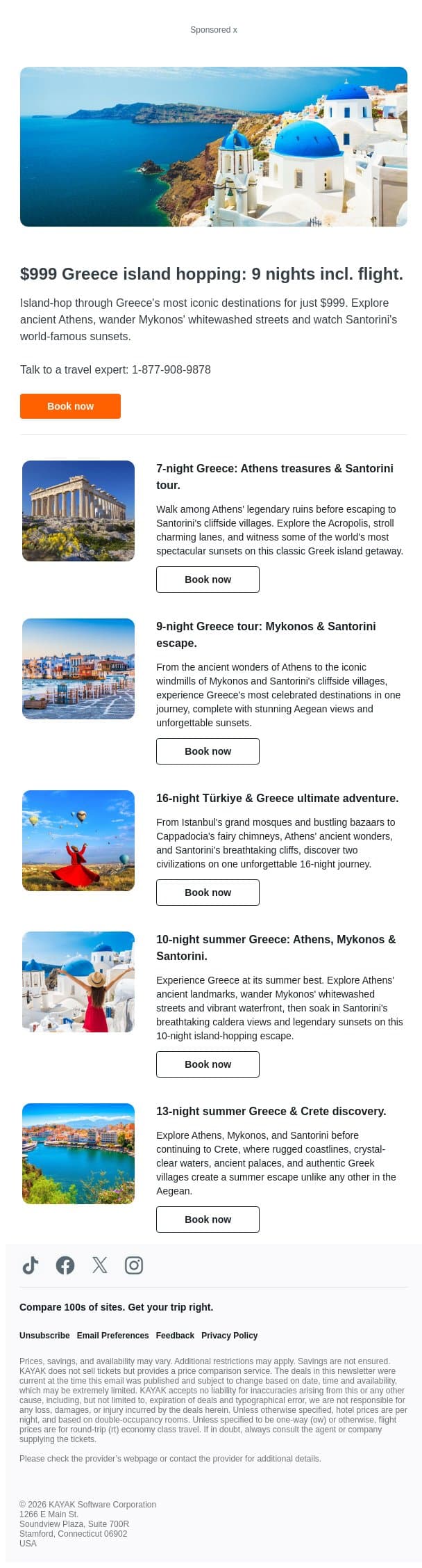 $999 Greece island hopping: 9 nights incl. flight. email from Kayak screenshot