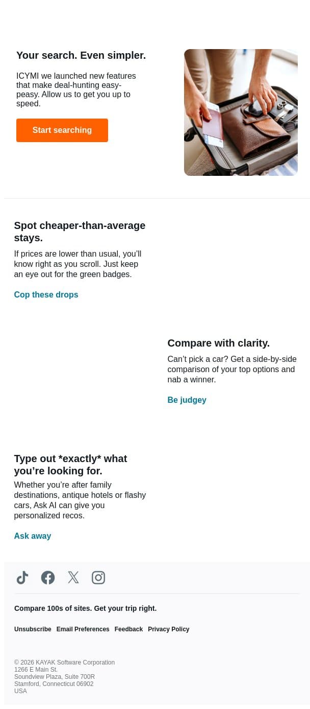 Our top hacks for finding the right deals. 🧠 email from Kayak screenshot
