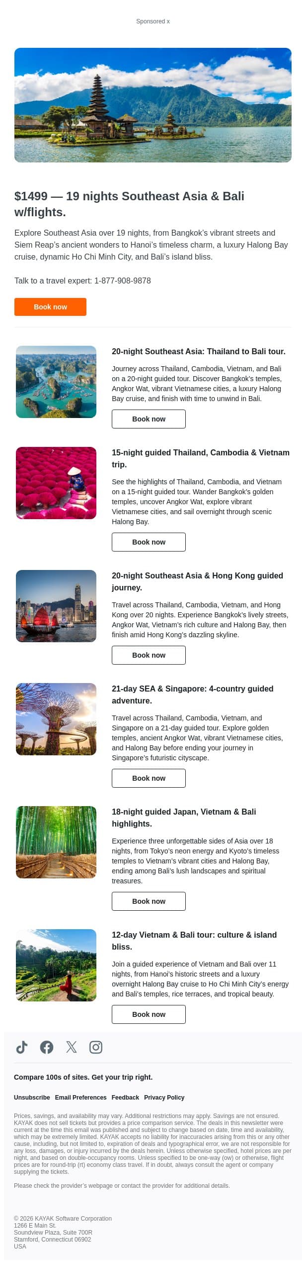$1499 — 19 Nights Southeast Asia & Bali w/flights. email from Kayak screenshot