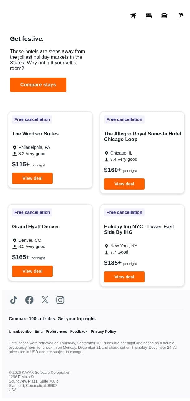 Hotels near holiday markets. 🎄 email from Kayak screenshot