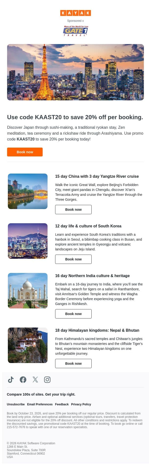 Save 20% on an Asia tour with Gate 1. email from Kayak screenshot