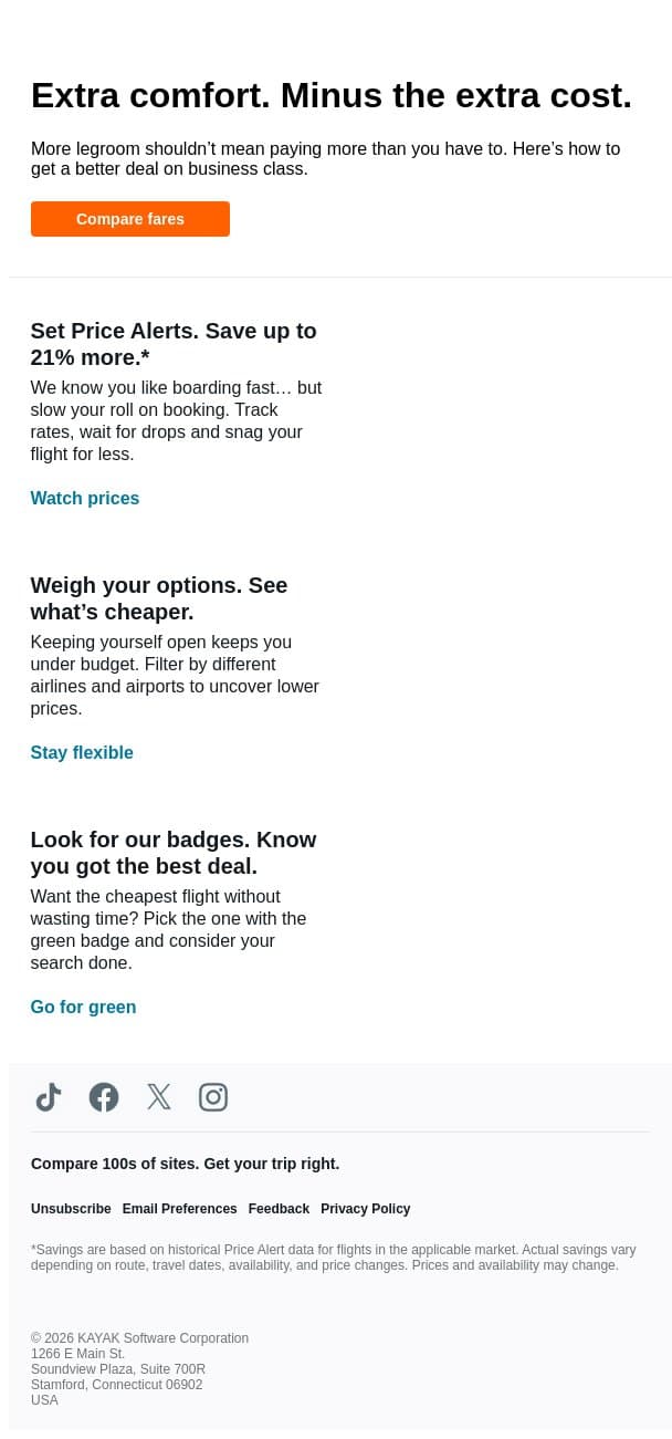 Psst: want cheap biz class flights? 🤫 email from Kayak screenshot