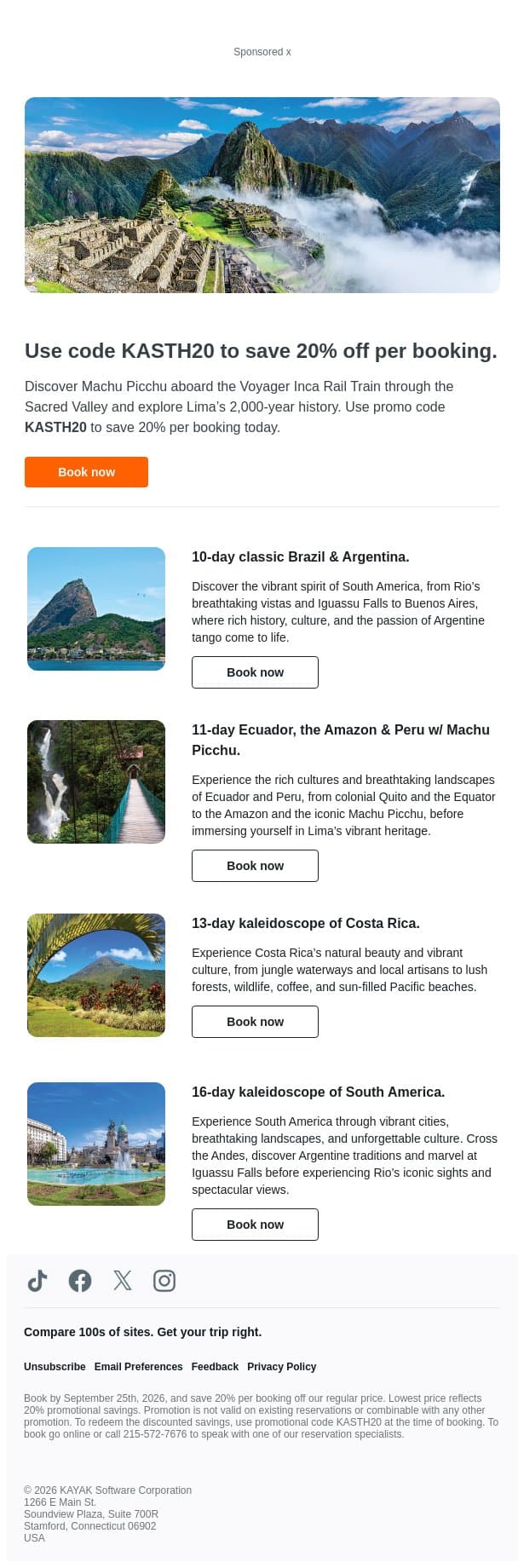 Save 20% on a Latin America tour with Gate 1. email from Kayak screenshot