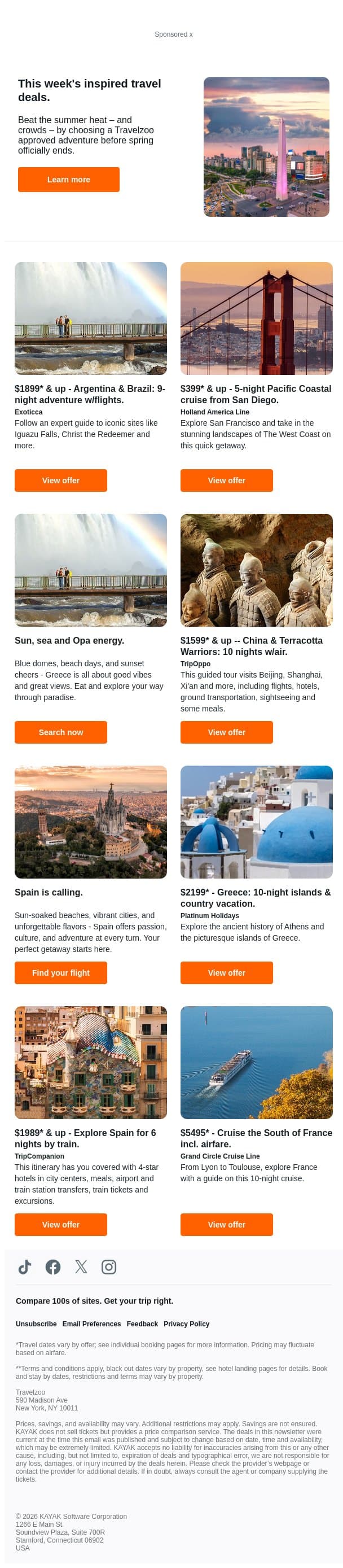 $1899 & up, Argentina & Brazil 9-night adventure | $399 & up, 5-night Pacific coast cruise from San Diego. email from Kayak screenshot