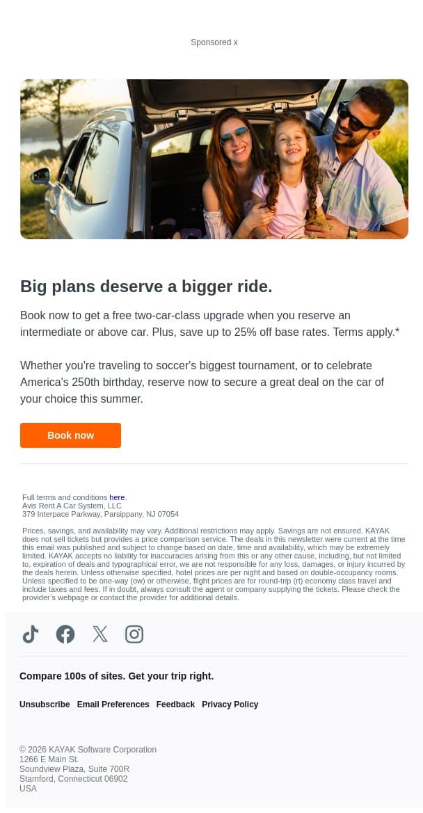 Need a rental car? Grab this Double Deal from Avis. email from Kayak screenshot