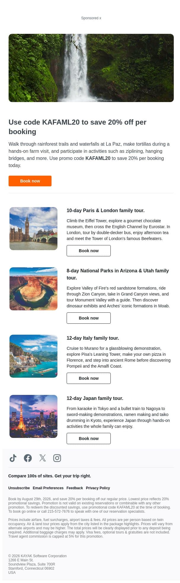 Save 20% off your next Family Tour with Gate 1. email from Kayak screenshot