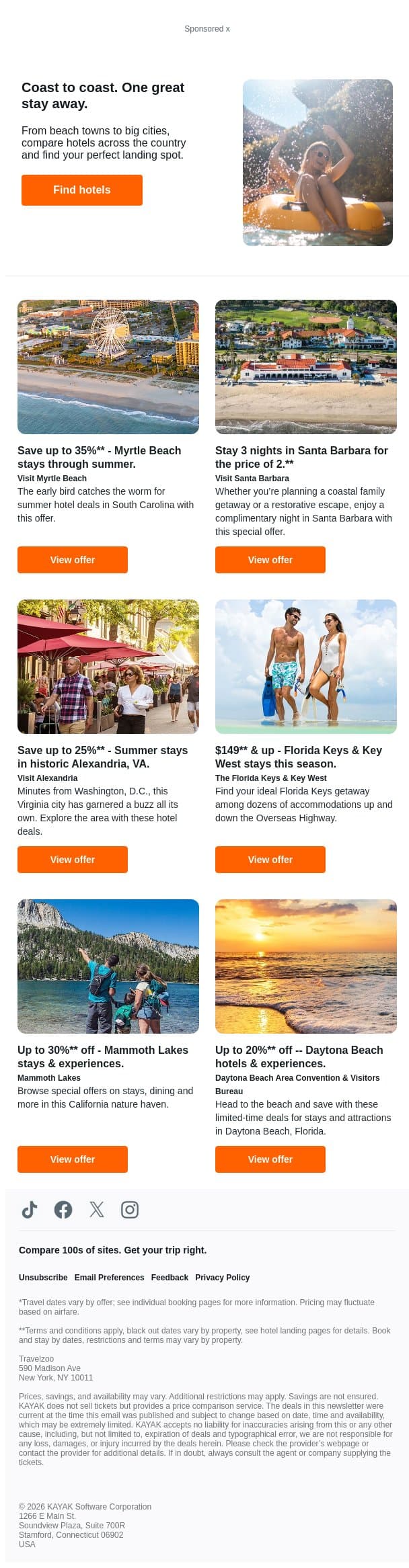 From the Carolinas to California, find savings on stays across the US this summer. email from Kayak screenshot