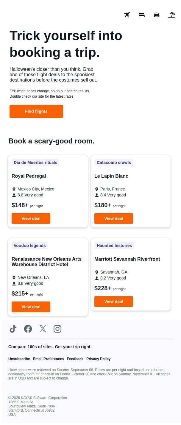 Fly into spooky season. 🎃 email from Kayak screenshot