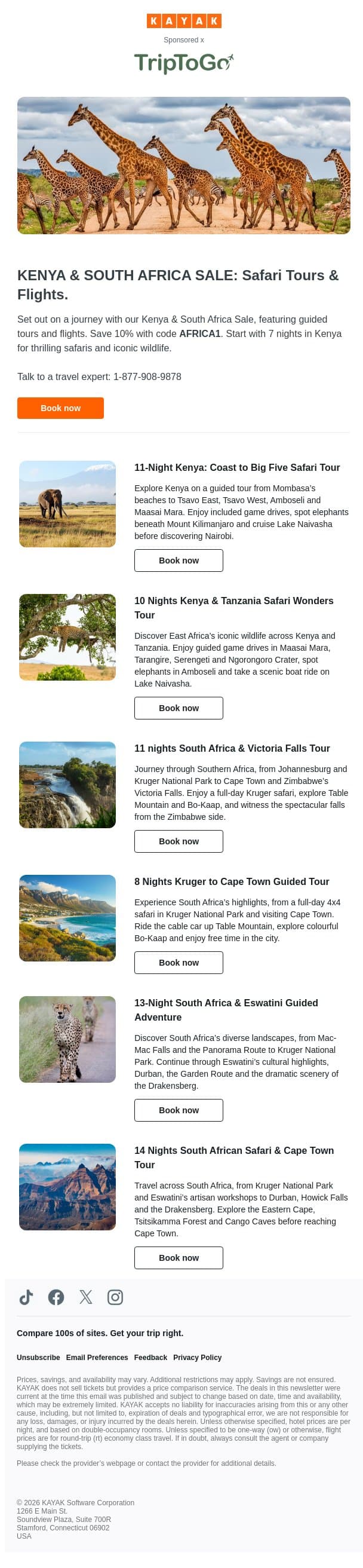 KENYA & SOUTH AFRICA SALE: Safari Tours & Flights. email from Kayak screenshot