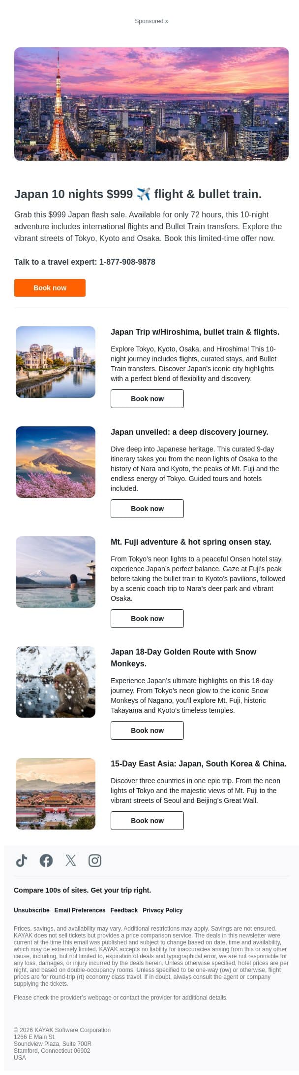 Japan 10 nights $999 ✈️ flight & bullet train. email from Kayak screenshot