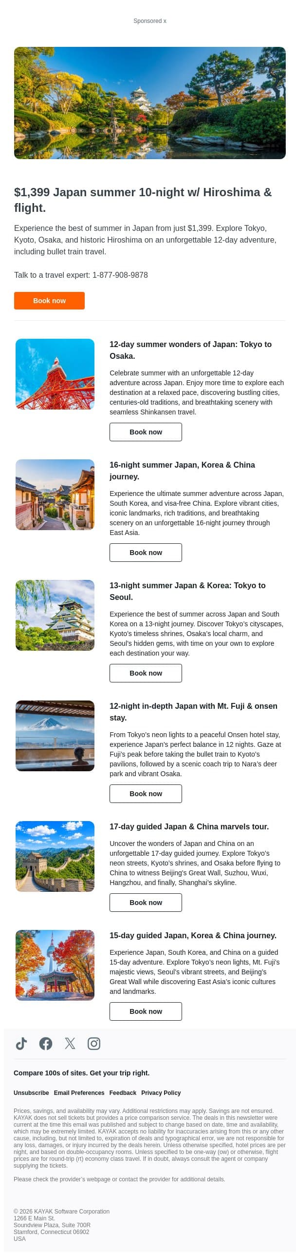 $1,399 Japan summer 10-night w/ Hiroshima & flight. email from Kayak screenshot