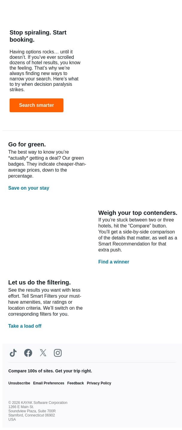 How to make your hotel search ridiculously easy. email from Kayak screenshot