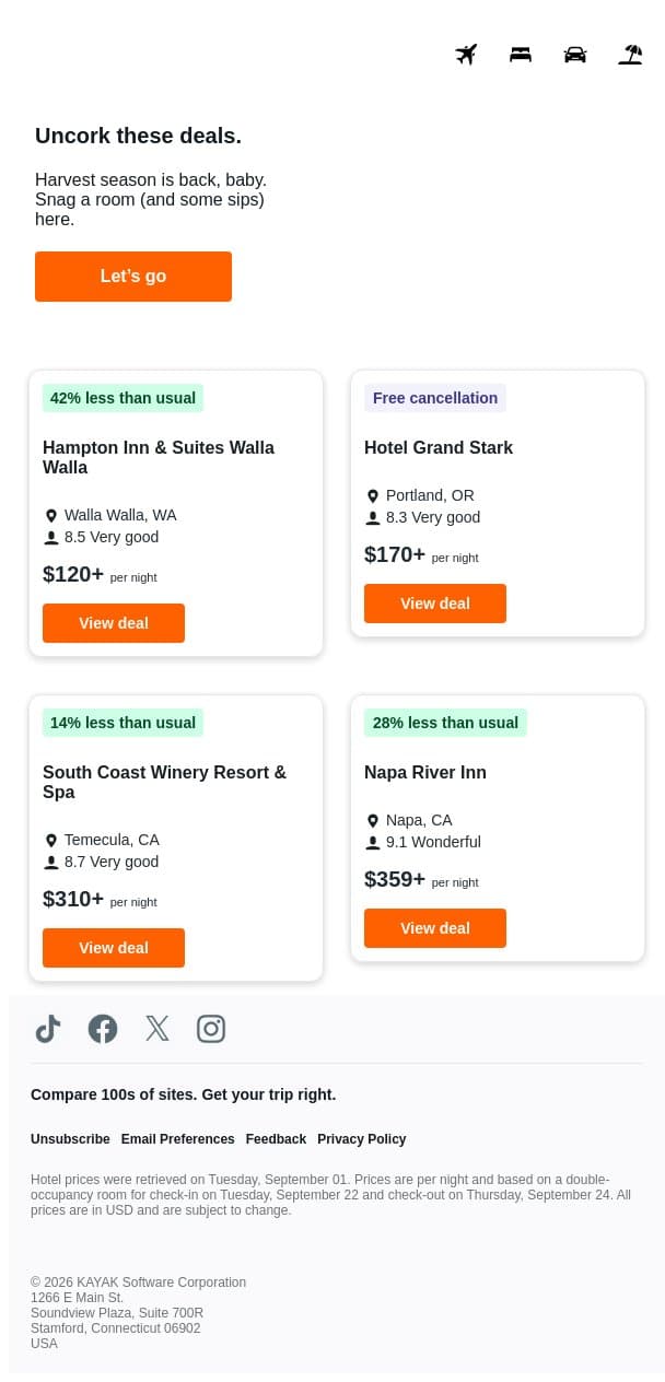 Vineyard-side stays for fall. 🍇 email from Kayak screenshot