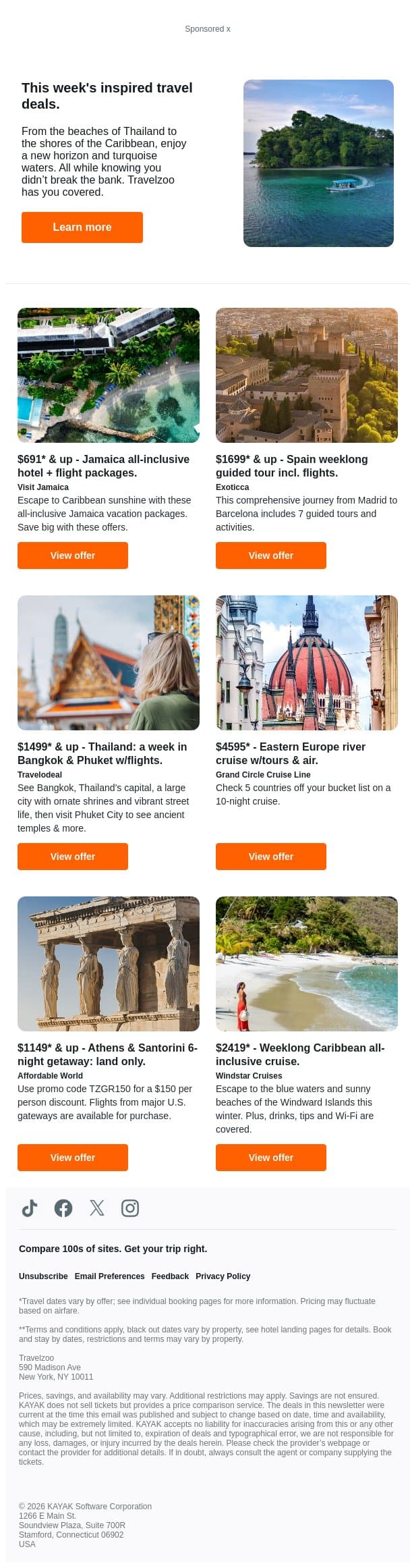 $691* & up, Jamaica all-inclusive hotel & flight packages | $1699* & up, Spain: 7-nights guided vacation w/air. email from Kayak screenshot