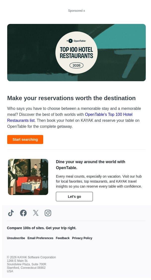 The Top 100 Hotel Restaurants in America 🛎️ email from Kayak screenshot