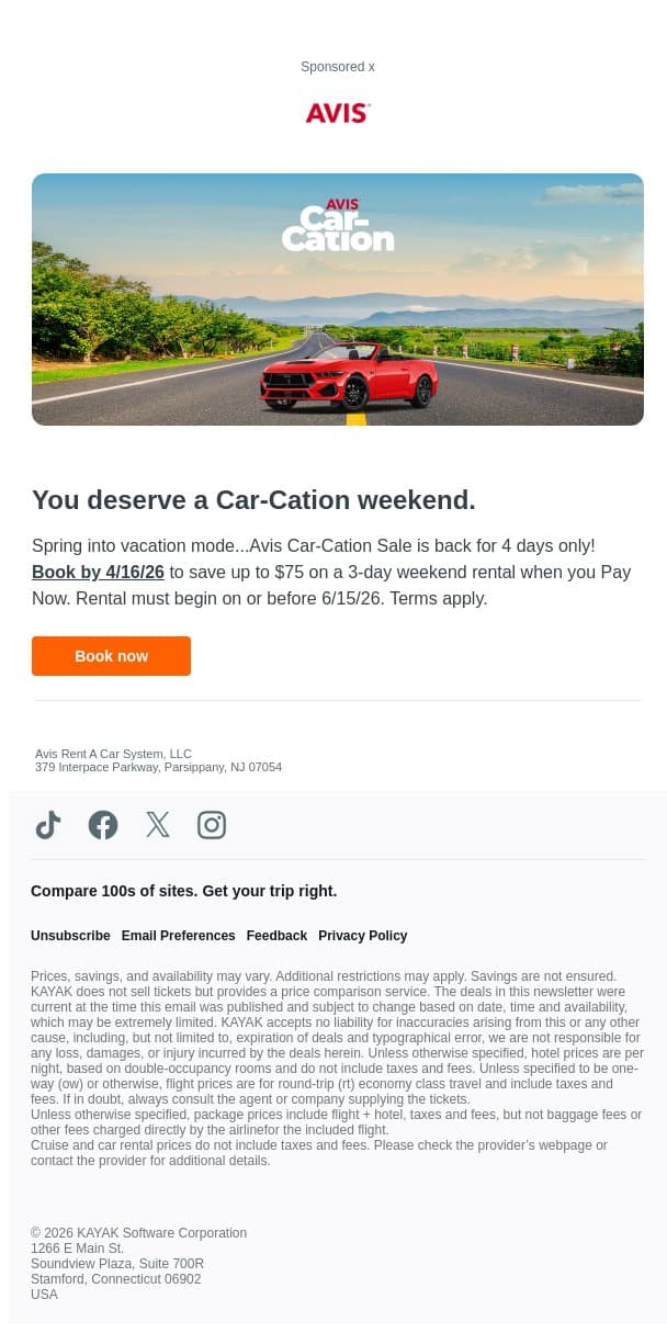 ⏰ Limited time: save on weekend rentals with Avis. email from Kayak screenshot