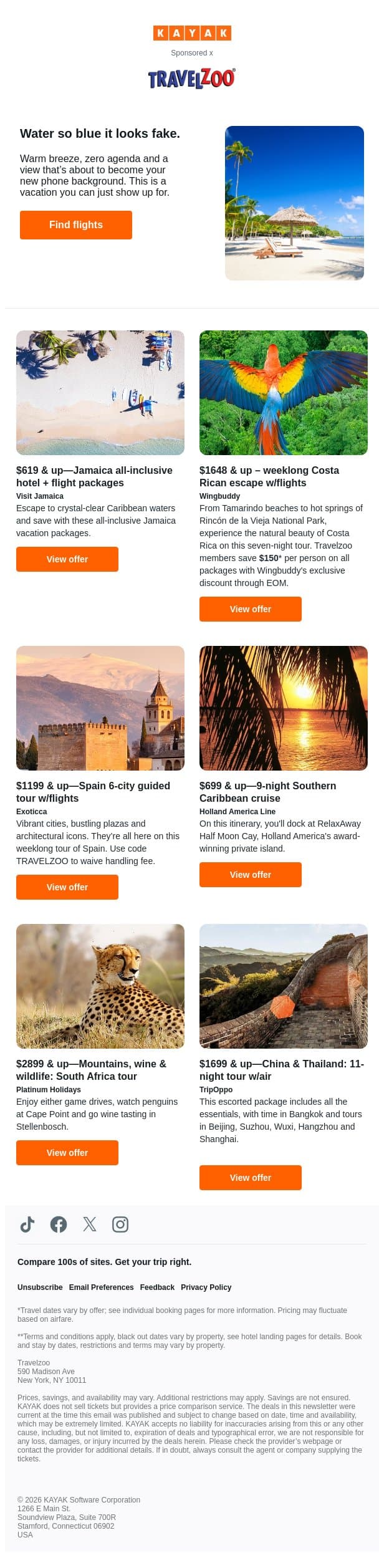 $619 & up, Jamaica all-inclusive hotel + flight vacation packages | $1649 & up, Costa Rica: 7 nights w/flights & more… email from Kayak screenshot
