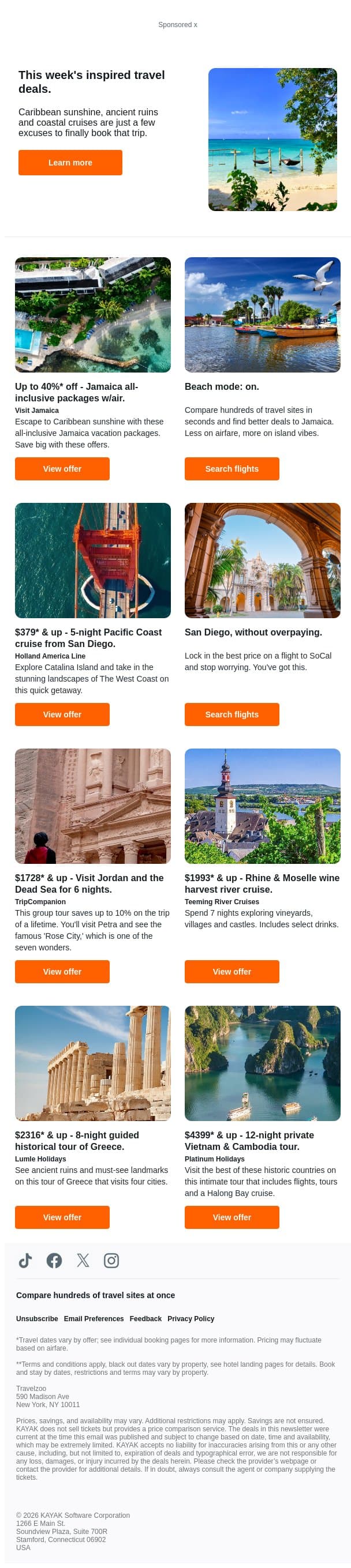 Jamaica: save up to 40%* on all-inclusive hotel & flight packages | 5-night Pacific coastal cruise from San Diego. email from Kayak screenshot