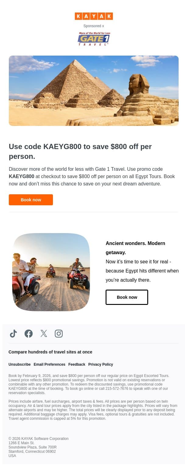 Save $800 off an Egypt Tour with Gate 1 Travel. email from Kayak screenshot