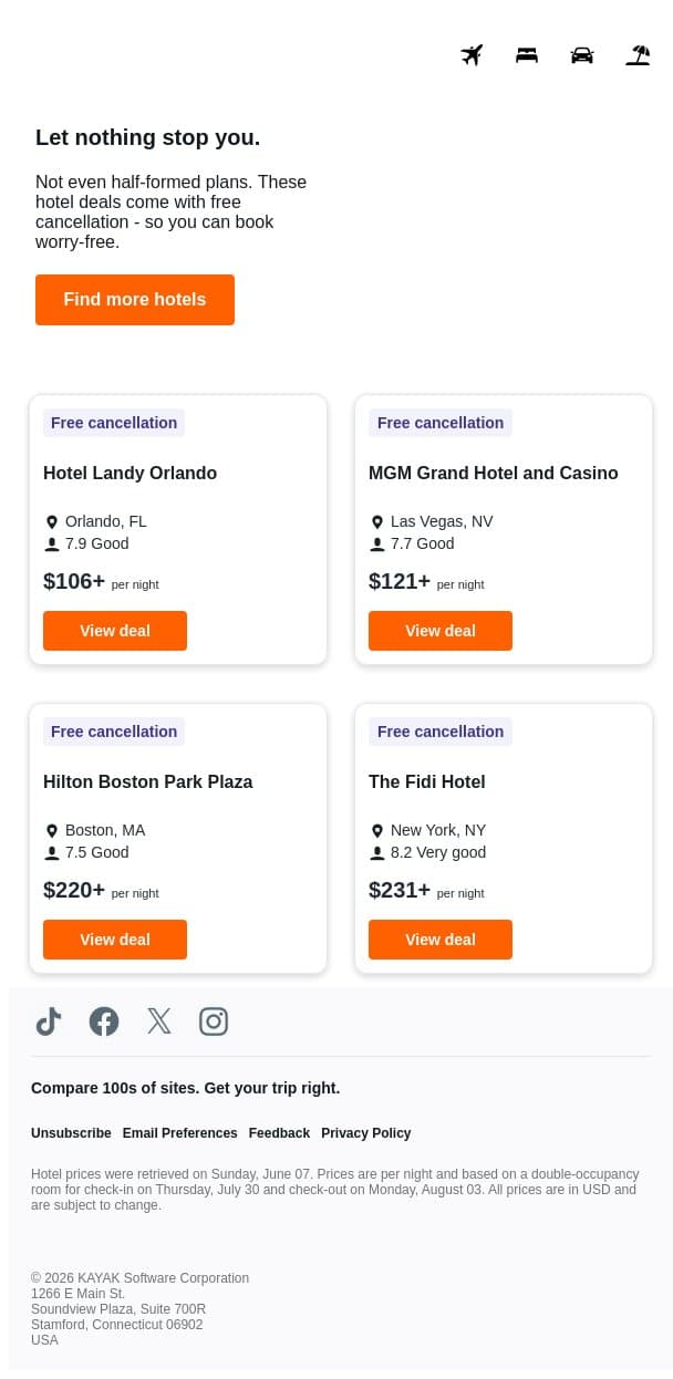 Hotels under $250. Cancel anytime. 🏨 email from Kayak screenshot