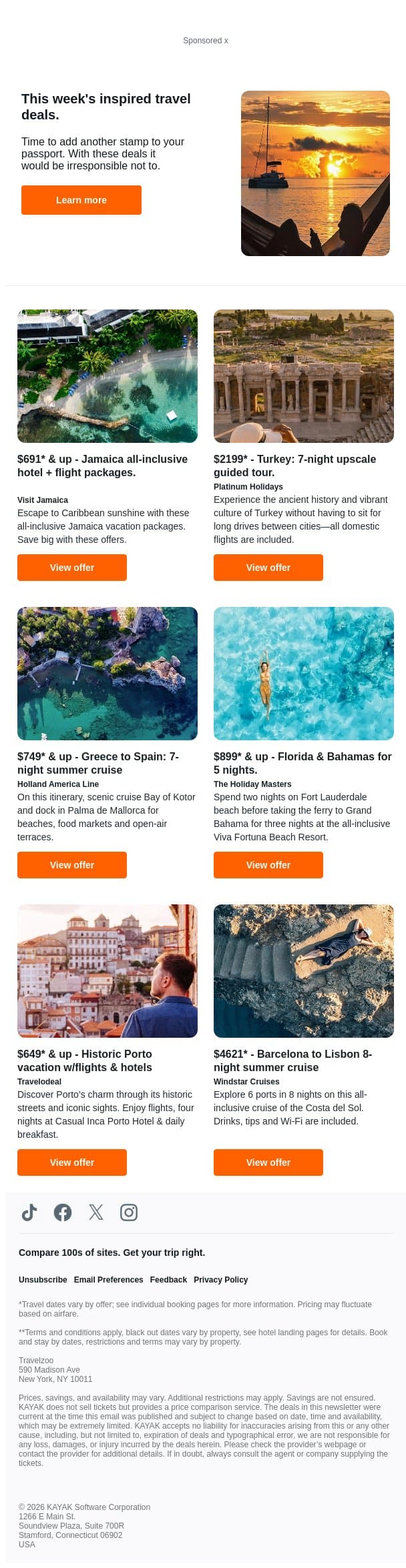 $691* & up, all-inclusive Jamaica stays w/air | $2199* & up, Turkey: 7-night deluxe guided tour | $749* & up, 7-night Greece to Spain cruise. email from Kayak screenshot