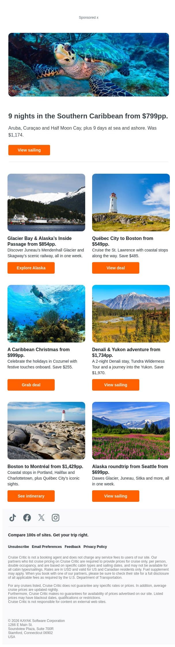 Cruises with savings to the Caribbean, Alaska, New England & more. email from Kayak screenshot
