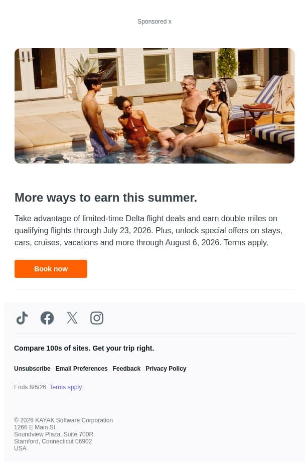 Don't miss Delta's Beyond The Summer Event Deals. email from Kayak screenshot