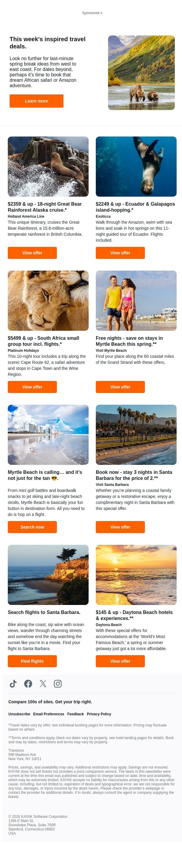 $2359 & up, 18-night Alaska cruise | Spring break savings across the US. email from Kayak screenshot