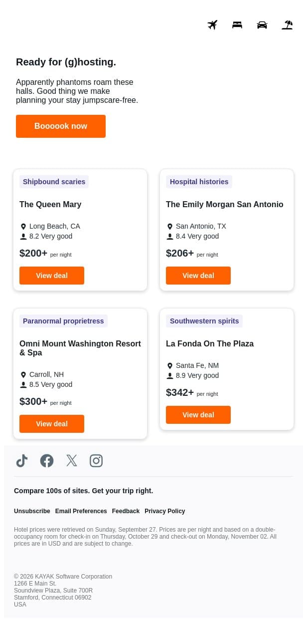 Hotel deals that’ll haunt you. 👻 email from Kayak screenshot