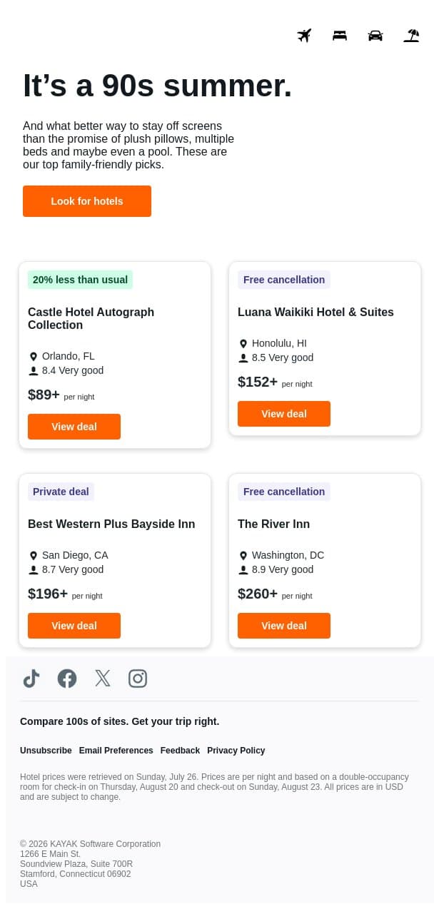 Hotels perfect for the whole family. 🧒 email from Kayak screenshot
