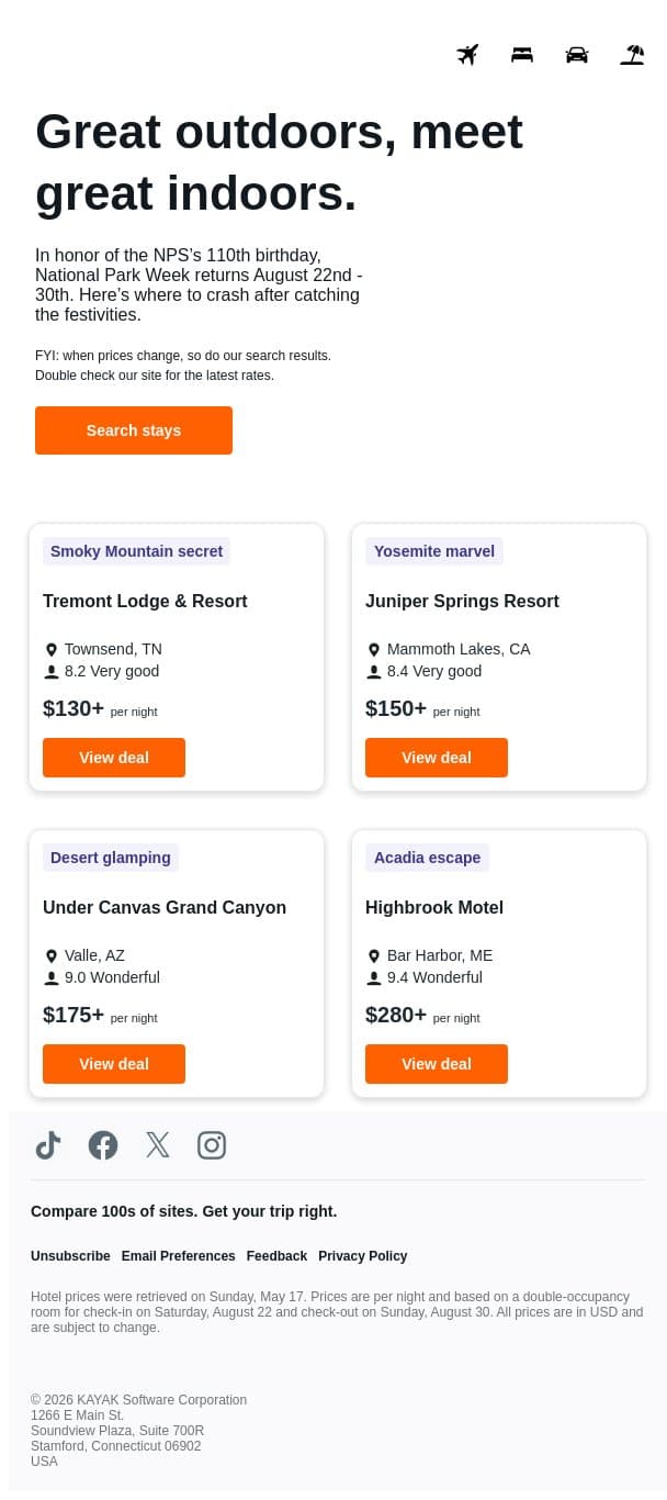 Your National Park trip 🤝 our hotel deals. email from Kayak screenshot