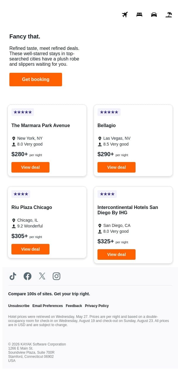 These stays = luxurious. 💅✨ email from Kayak screenshot