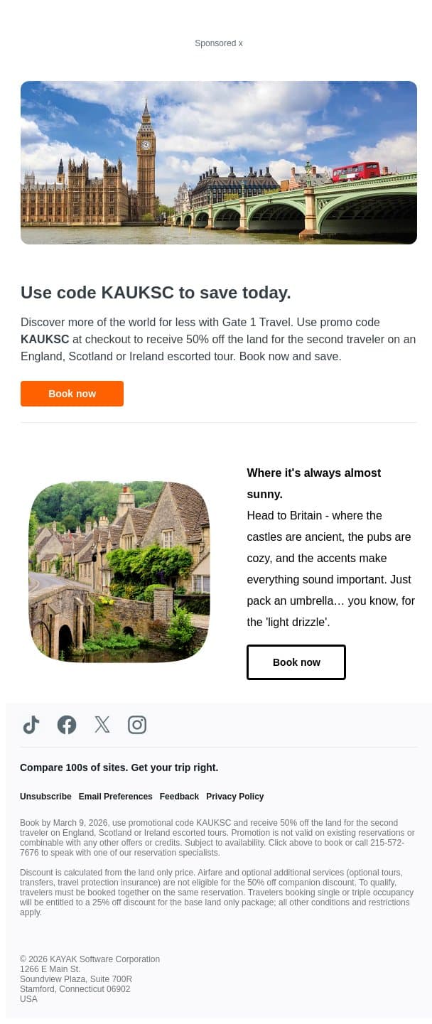 Half off companion on UK tours with Gate 1 Travel. email from Kayak screenshot