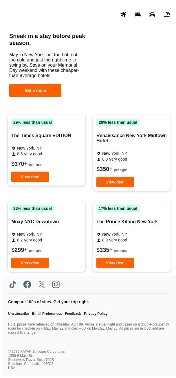 NYC hotels for MDW. Up to 29% less. 🗽 email from Kayak screenshot