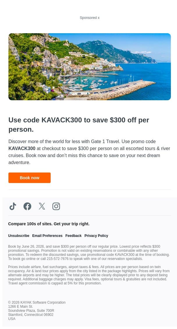 Save on your next escorted tour with Gate 1 Travel. email from Kayak screenshot