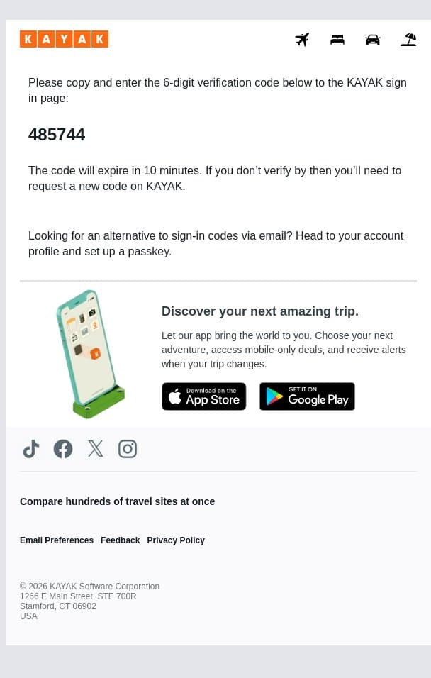 485744 is your KAYAK verification code email from Kayak screenshot