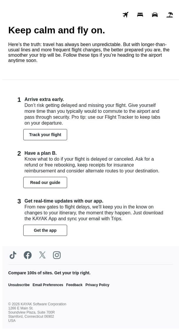 3 tips to handle upcoming trips. 💪 email from Kayak screenshot