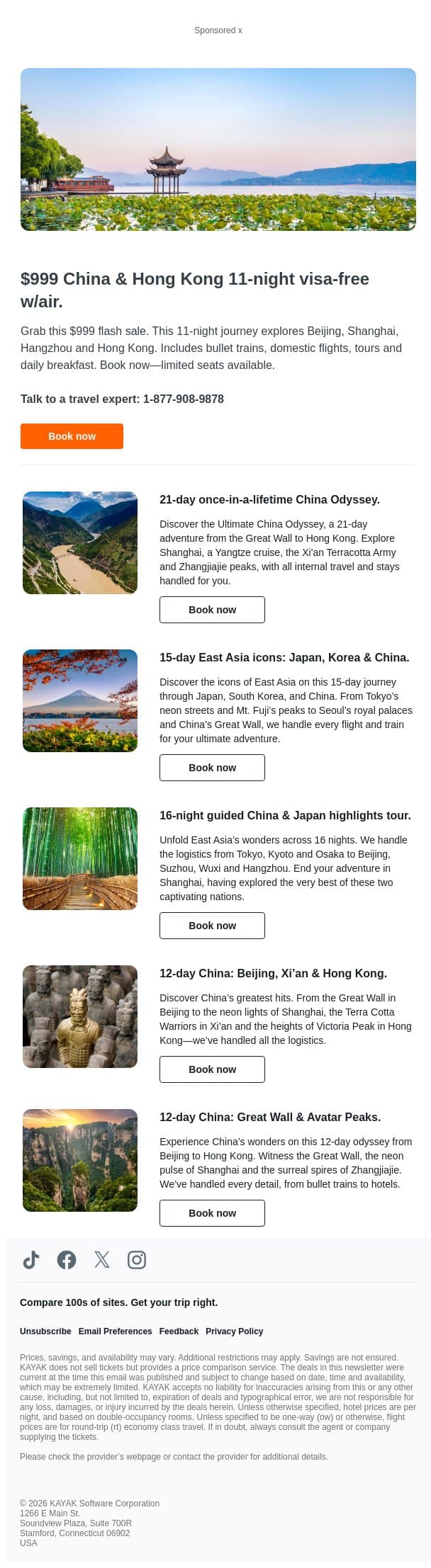 $999 China & Hong Kong 11-Night Visa-free w/air. email from Kayak screenshot