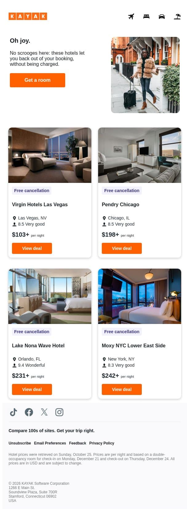 Holiday stays with free cancellation. 🎄 email from Kayak screenshot