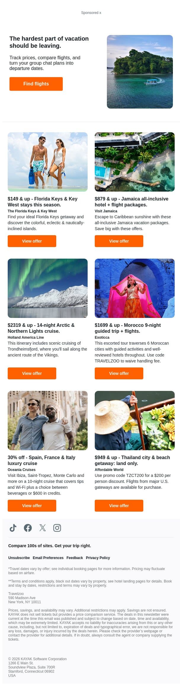 $879 & up, Jamaica all-inclusive hotel & flight packages | $2246 & up, Japan: 6-night guided trip (land only). email from Kayak screenshot